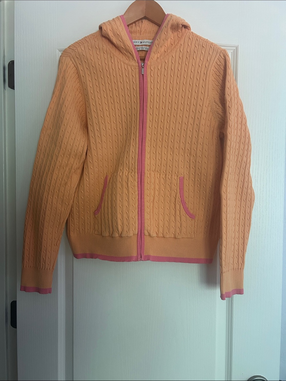 Tommy Hilfiger Peach Cable-Knit Zip Hoodie with Pink Trim